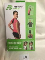 Front view of Posture Medic packaging with images showing posture correction exercises such as stretching, strengthening, reinforcement, and stabilization. Box shows model wearing the black posture brace.