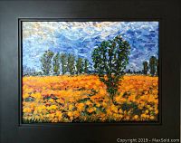 Framed full view of the original oil painting showing a vibrant field with trees in impressionist style.