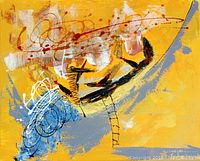 Full view of the abstract painting on canvas with vivid yellow background and multicolor dynamic brush strokes.