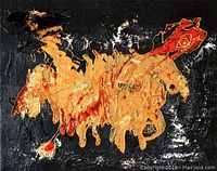 Full front view of the abstract oil painting on black canvas with gold leaf and wire details.