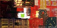 Frontal view of the abstract oil painting showing the overall composition and color scheme.