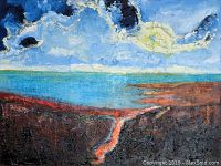 Front view of the original 18x24 inch oil painting showing abstract seascape with blue sky, greenish sea, and dark textured land