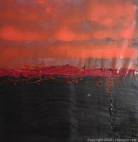Front view of the abstract painting showing thick red over black horizontal layers.
