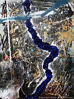 Close-up view of the blue winding stroke and surrounding textured mesh embedded in the canvas with multi-colored splatters and brushstrokes.