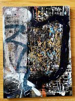 Full view of the abstract painting showing the mixed media layers over burlap canvas and the overall composition.