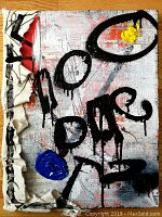Frontal image of mixed media canvas showing abstract artwork with spray paint, acrylic and oil on canvas with torn canvas on left edge