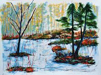 Full view of the lithograph artwork "Forest #4" depicting a colorful forest landscape with water and trees.