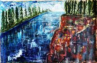 Full view of oil painting showing river, tree-lined banks and cliffs