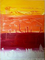 Full view of the original abstract acrylic painting showing horizontal gradient bands of yellow, orange, deep red, and white with textured brushstrokes and abstract linear markings.