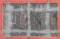 Front view of the mixed media canvas painting showing mesh overlay and red border.