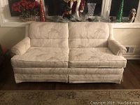Front view of beige patterned pull-out sofa loveseat in living room setting