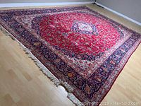 Full view of rug laid out on laminate floor showing overall pattern and fringe