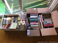 Three boxes full of assorted hardcover and paperback books with some classic titles and art books visible.