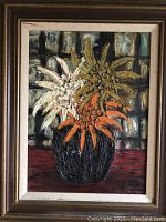Framed oil on canvas painting showing textured brushstroke flowers in a vase.