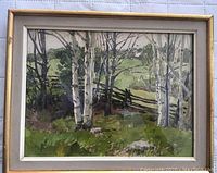 Full view of framed watercolour painting depicting birch trees and a split-rail fence.