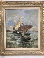Full frontal view of framed painting showing sailboat scene