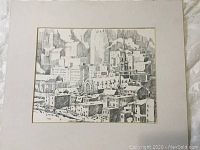 Full view of pencil sketch matted with off-white border