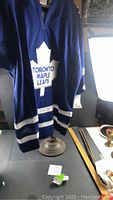 Full view of blue Toronto Maple Leafs hockey jersey with white stripes on sleeves and hem.