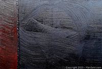 Close-up showing deep, layered brush strokes in black and dark gray with rich texture and some red hues along the edge.
