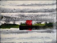 Frontal view of the unframed canvas showing abstract white, grey, black, green and red design
