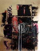 Unframed view of painting on gold color paper showing abstract brushstrokes