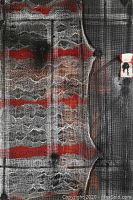 Front view of the mixed media painting showing abstract design with black, white, red colors, mesh and textile elements