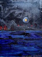 Full view of painting showing nocturnal landscape with dark sky, blue foreground, red highlights and yellow-orange moon