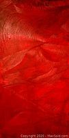 Close-up of thick impasto oil paint texture showing vivid red brush strokes and layered paint on canvas surface.