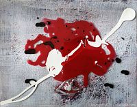 Close-up photo of the painting showing the abstract red splash with white and black paint details on textured grey background.