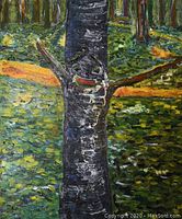 Front view of the stretched canvas showing the birch tree and forest landscape