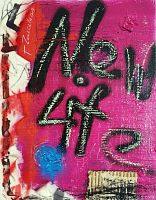 Front view of 'New Life' painting showing full artwork with vibrant pink and red colors, layered mixed media texture, signature in the upper left corner.