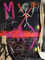 Close-up detail of stick figure holding an orange shape, red and pink spray paint letters, overlapping white scribbles, and signature at bottom on black background.