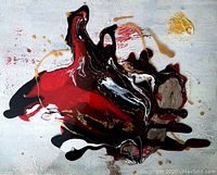 Close-up view of the abstract impasto oil painting with red, black, and cream tones on textured white background.