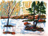Full view of the colorful abstract forest print "Forest #IV" showing vibrant brush strokes and signature.