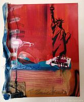 Full view of the contemporary mixed media painting with visible colors, textures, and signature on canvas.