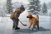 Close-up of the print showing a child and dog playing hockey on ice in a snowy forest setting.