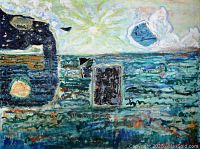 Full front view of the abstract seascape painting showing composition and color palette