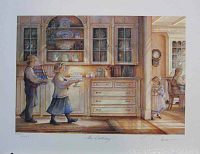 Close up of artwork showing the scene with children in a warmly lit kitchen setting, carrying candles and presents.