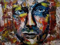 Unframed front view of the painting showing vibrant impasto abstract face