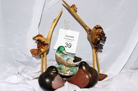 Photo showing the full set including two wooden ostriches, two fat wooden birds, and one ceramic duck figurine.