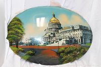 Oval domed bubble glass with a hand-painted image of The Capitol Building in Washington, DC showing overall condition and artwork.