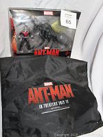 Photo showing boxed Marvel Ant-Man and Fourmi action figure set with black nylon Marvel branded promotional bag.