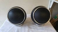 Pair of black globe speakers with silver stands on a white surface showing front view