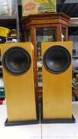 Front view of the two wooden stereo subwoofer speaker towers with black granite bases.
