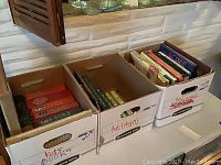 Three cardboard boxes filled with books arranged by categories: Kids Books, Military, Household on a ledge below a window.