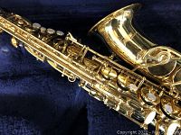 Full view of saxophone laid in hard case