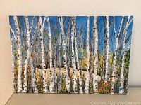 Full front view of stretched canvas painting showing birch tree forest against blue sky