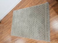 Full view of the rectangular area rug laid on wood floor showing overall pattern and color tone.