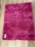 Overall view of pink shag area carpet laid on hardwood floor, showing color and pile texture.
