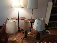 Photo showing five lamps together: one tall floor lamp with shelves and four table lamps with different styles of bases and shades, all cords visible on carpet.